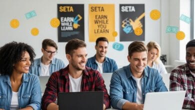 A diverse group of young adults (men and women of different ethnic backgrounds) sitting in a classroom or training environment, smiling and engaged. Some are using laptops or tools, symbolizing practical learning. Behind them, posters or signs show the word ‘SETA’ and phrases like ‘Earn While You Learn’.