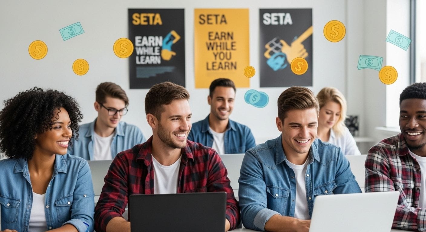 A diverse group of young adults (men and women of different ethnic backgrounds) sitting in a classroom or training environment, smiling and engaged. Some are using laptops or tools, symbolizing practical learning. Behind them, posters or signs show the word ‘SETA’ and phrases like ‘Earn While You Learn’.