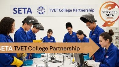 A group of motivated TVET college students in workshop uniforms or practical lab attire, actively engaged in hands-on training (e.g., welding, plumbing, electrical work, or computer-based skills).
