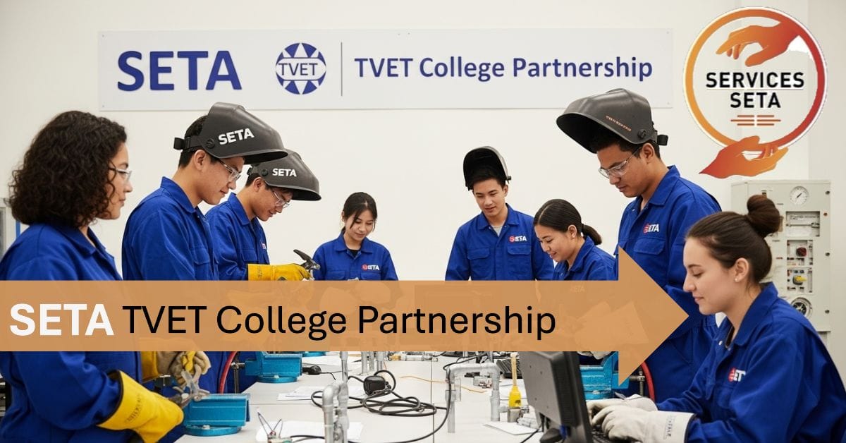 A group of motivated TVET college students in workshop uniforms or practical lab attire, actively engaged in hands-on training (e.g., welding, plumbing, electrical work, or computer-based skills).
