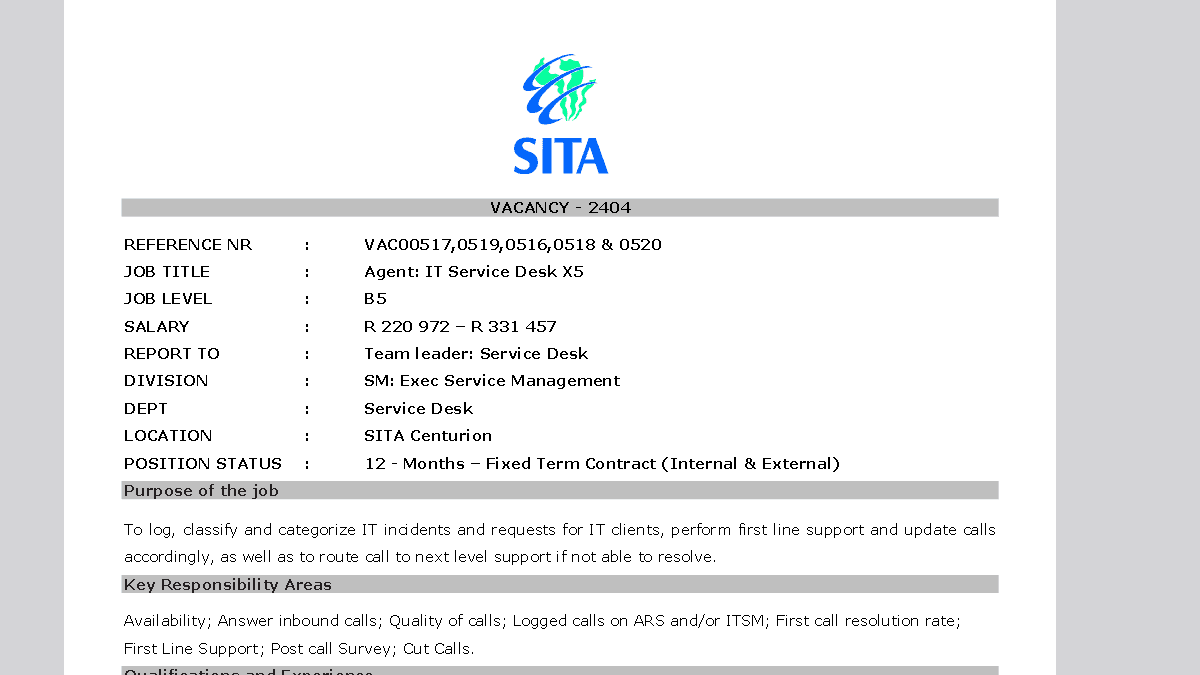 IT Job Opportunity Opens at SITA