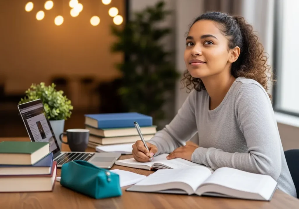 Young South African student writing at a desk with books and a laptop, looking confident and focused